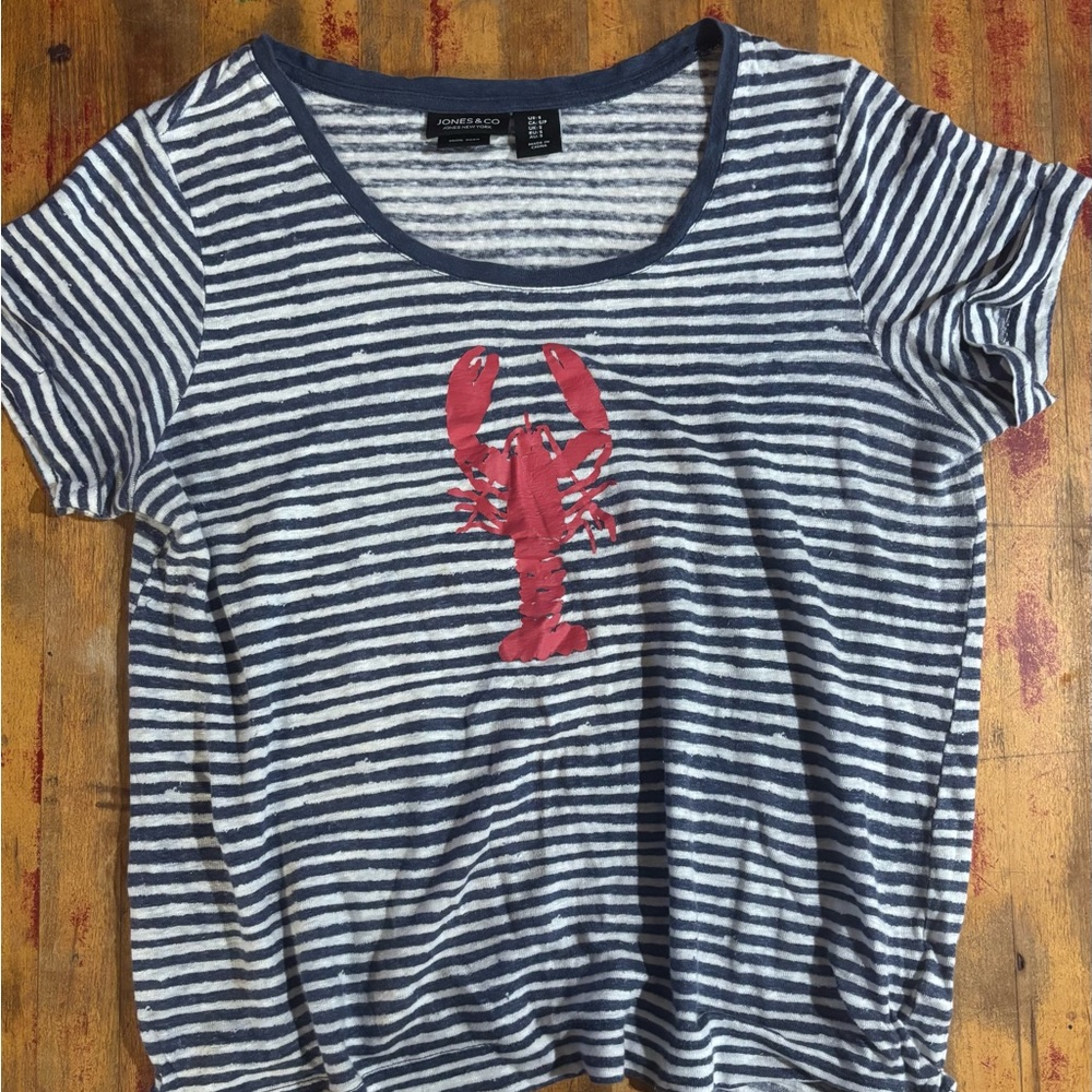 Jones New York Blue and White Striped Tee with Red Lobster